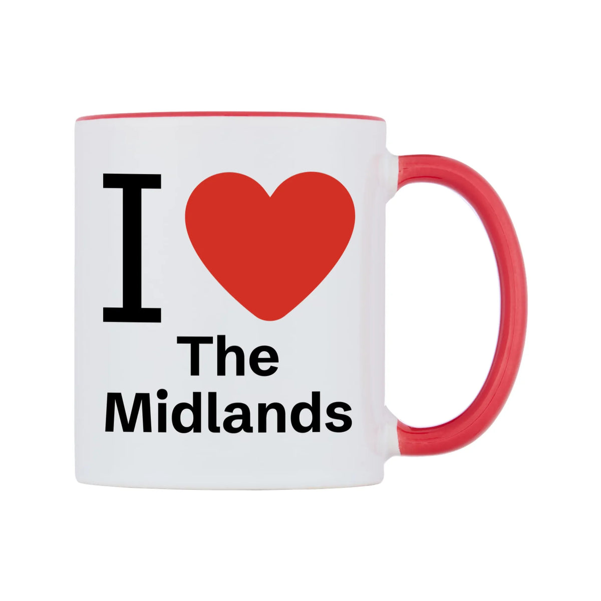 I Love The Midlands Mug — white 11oz gloss mug with a red inside and handle, left side, on a white background