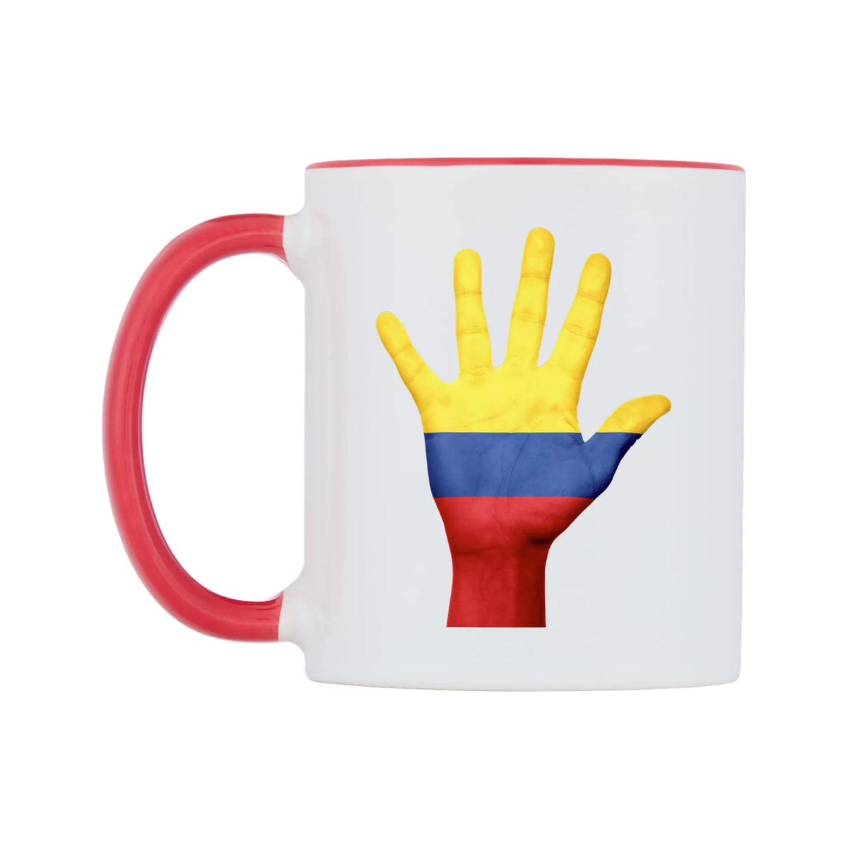 Colombia Hand Flag Mug — white 11oz gloss mug with a red inside and handle, right side, on a white background