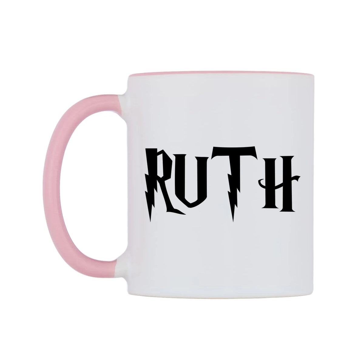 Ruth - Wizard Themed Mug — white 11oz gloss mug with a pink inside and handle, right side, on a white background