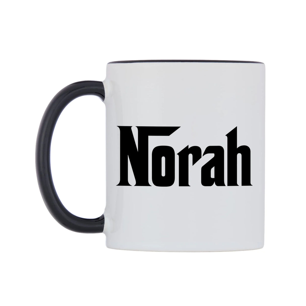 Norah - Godfather Themed Mug — white 11oz gloss mug with a black inside and handle, right side, on a white background