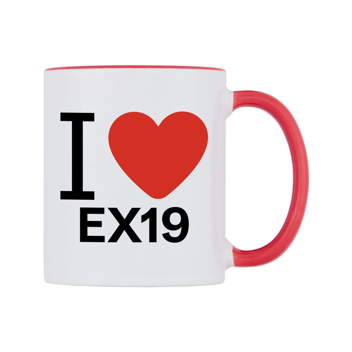 I Love EX19 Mug — white 11oz gloss mug with a red inside and handle, left side, on a white background