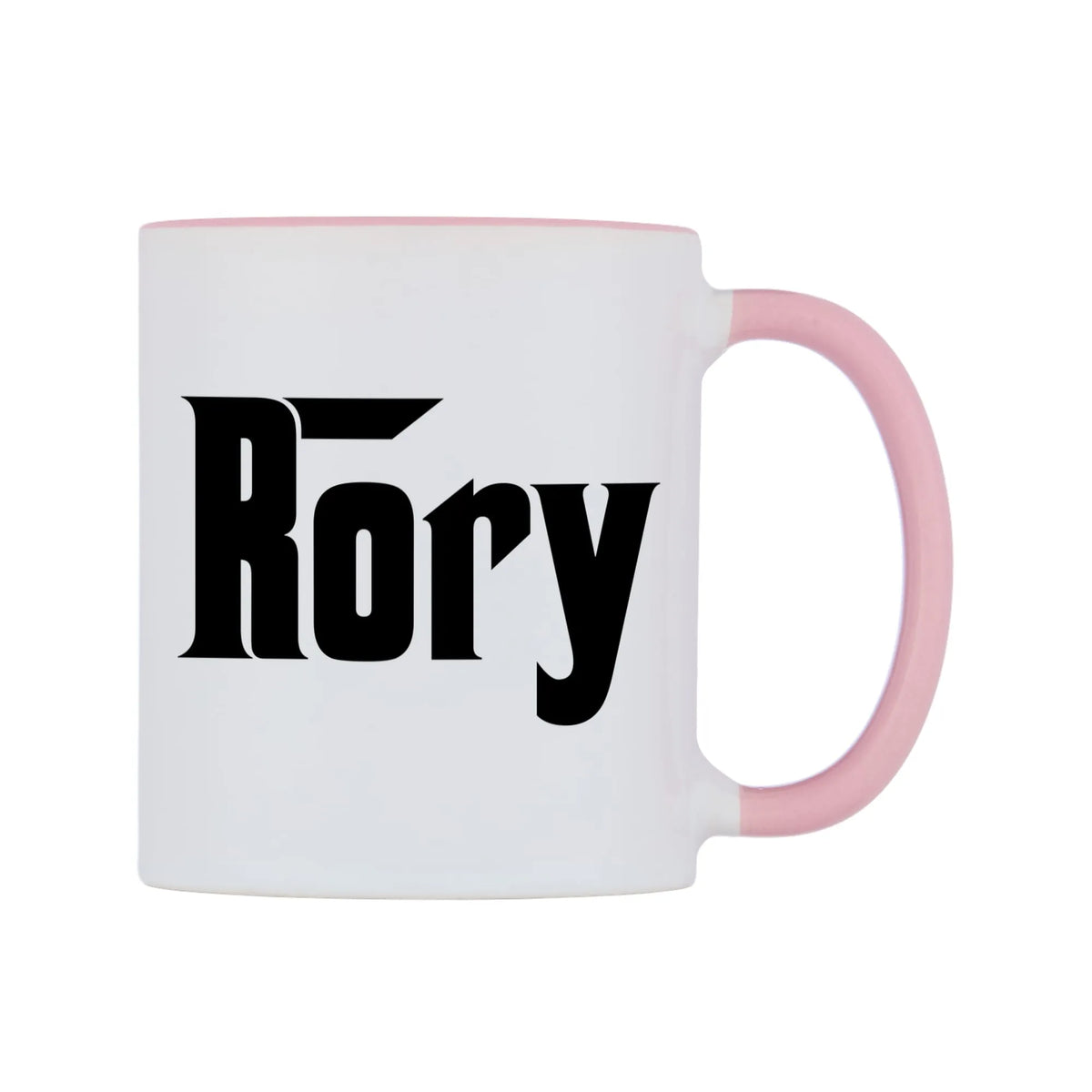 Rory - Godfather Themed Mug — white 11oz gloss mug with a pink inside and handle, left side, on a white background