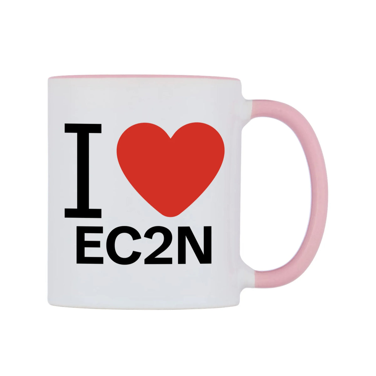 I Love EC2N Mug — white 11oz gloss mug with a pink inside and handle, left side, on a white background