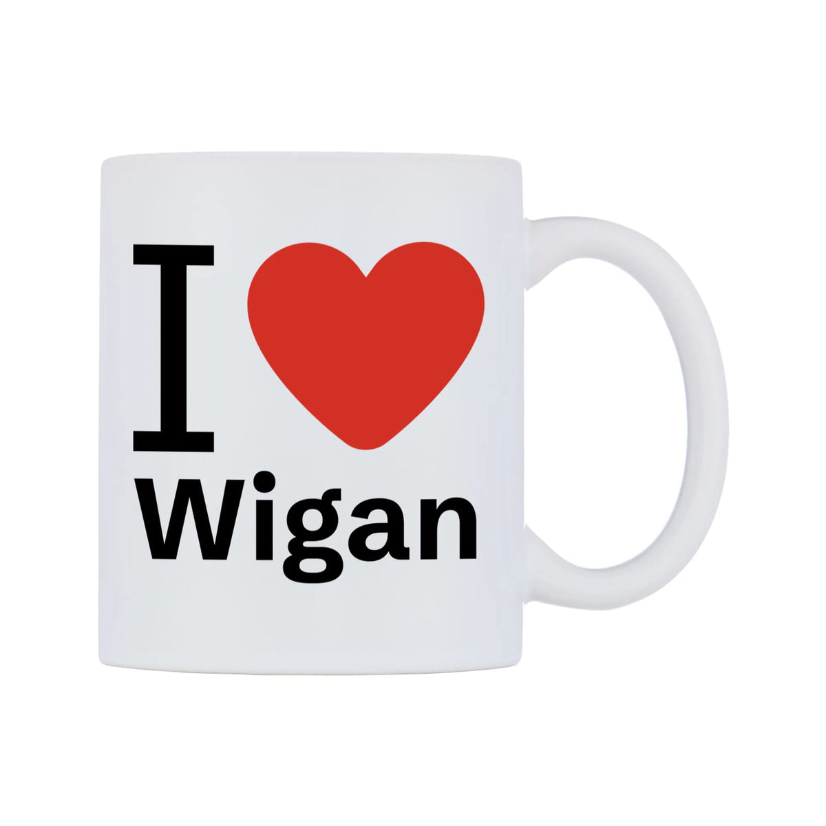 I Love Wigan Mug — white 11oz gloss mug, left side, on a white background