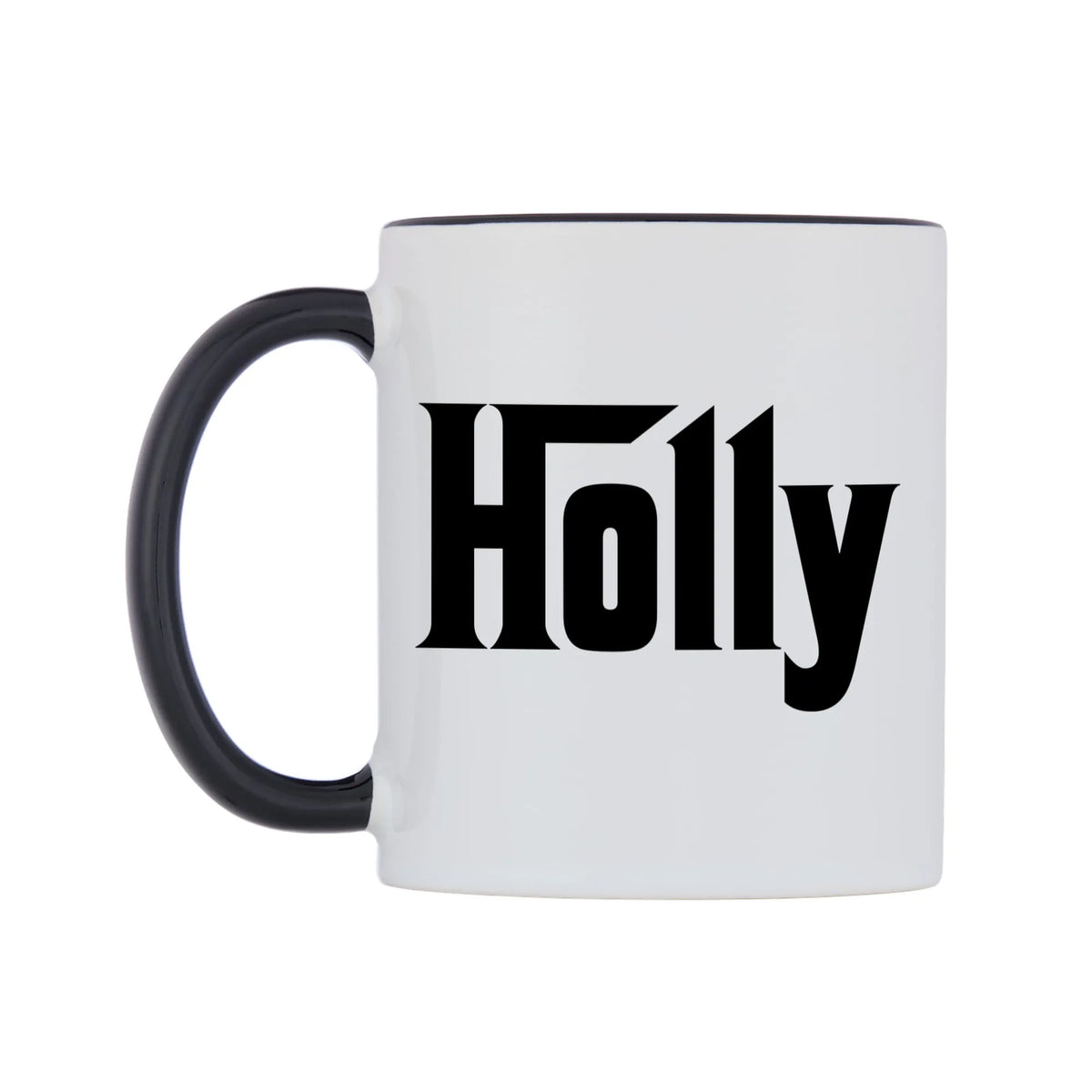Holly - Godfather Themed Mug — white 11oz gloss mug with a black inside and handle, right side, on a white background