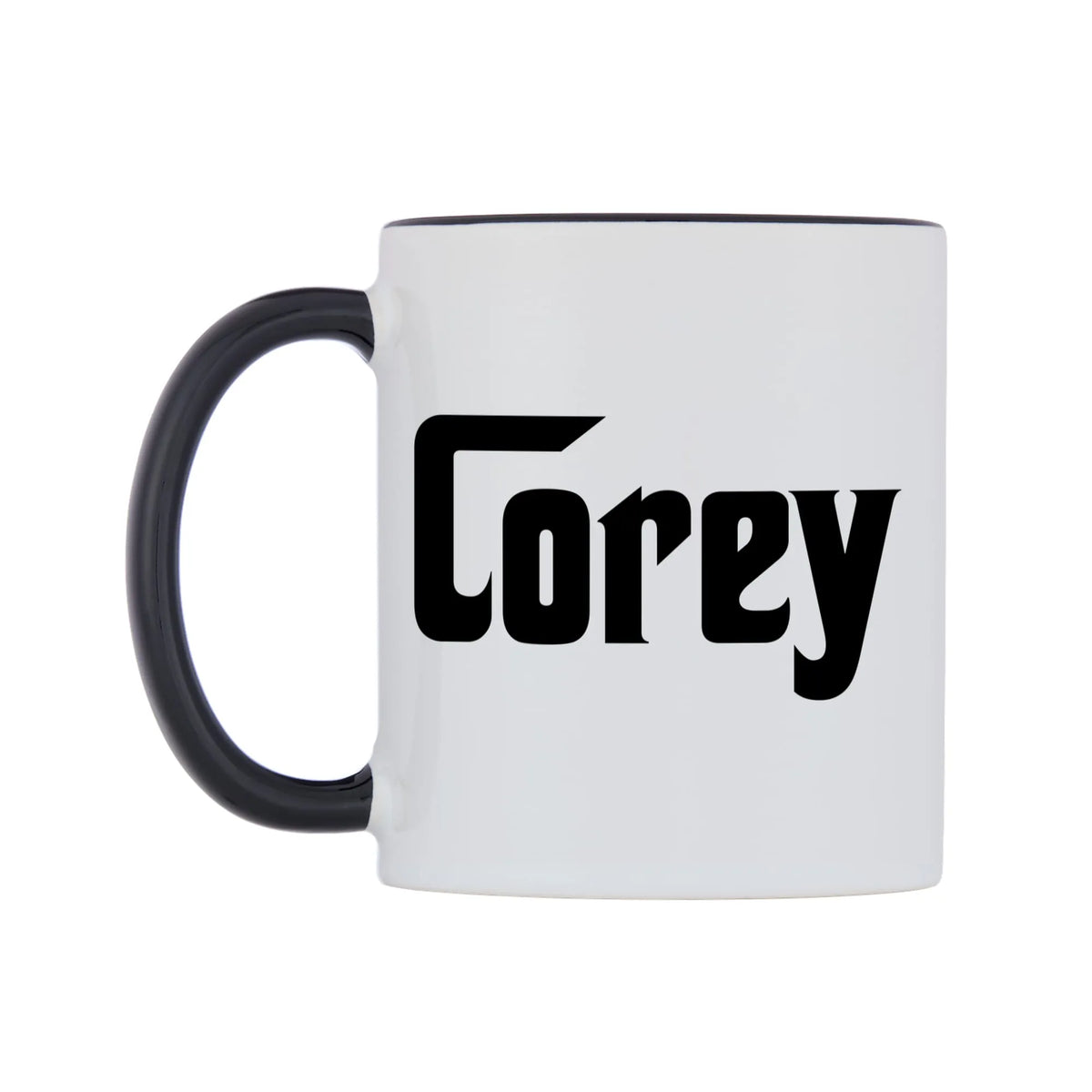 Corey - Godfather Themed Mug — white 11oz gloss mug with a black inside and handle, right side, on a white background