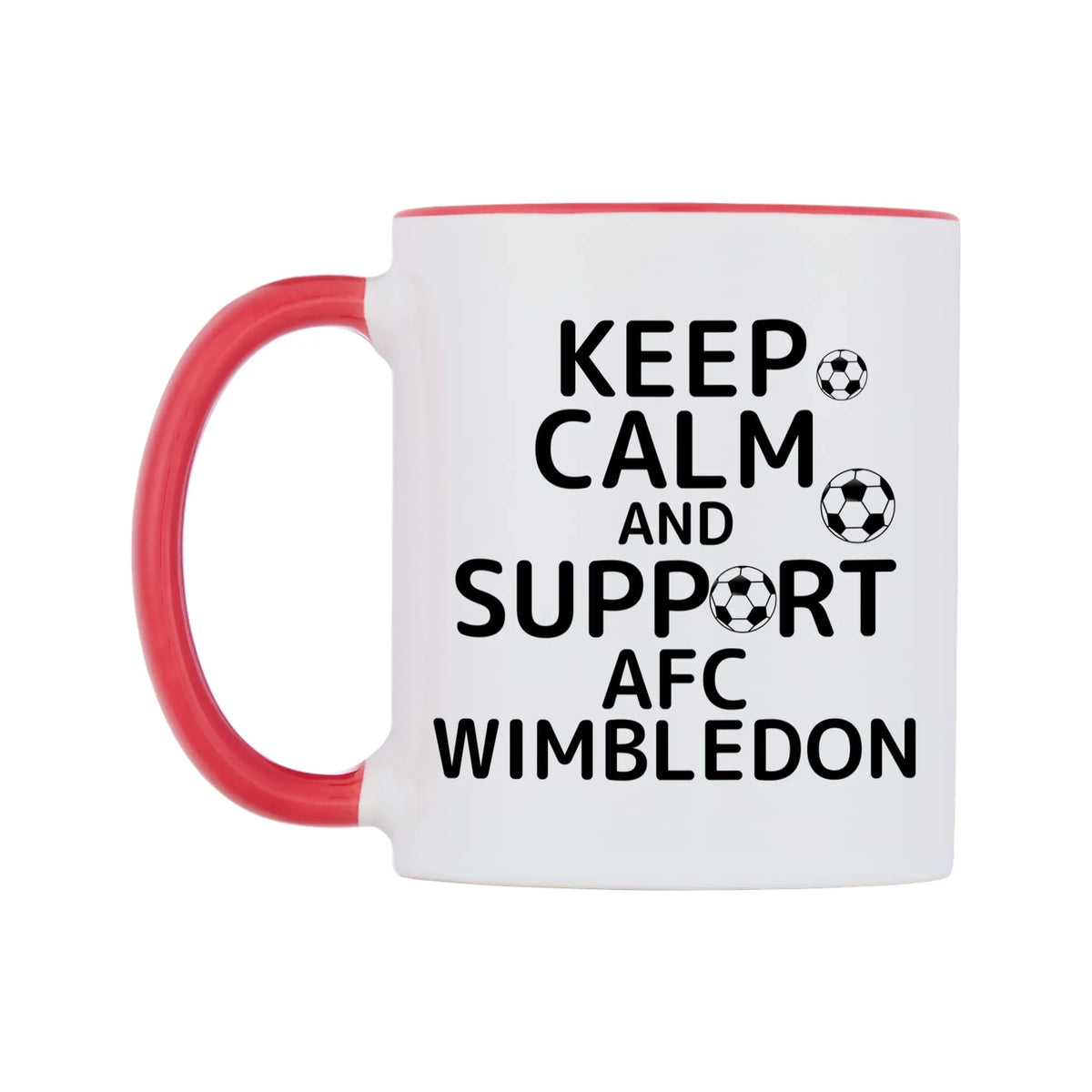 Keep Calm And Support AFC Wimbledon Mug — white 11oz gloss mug with a red inside and handle, right side, on a white background
