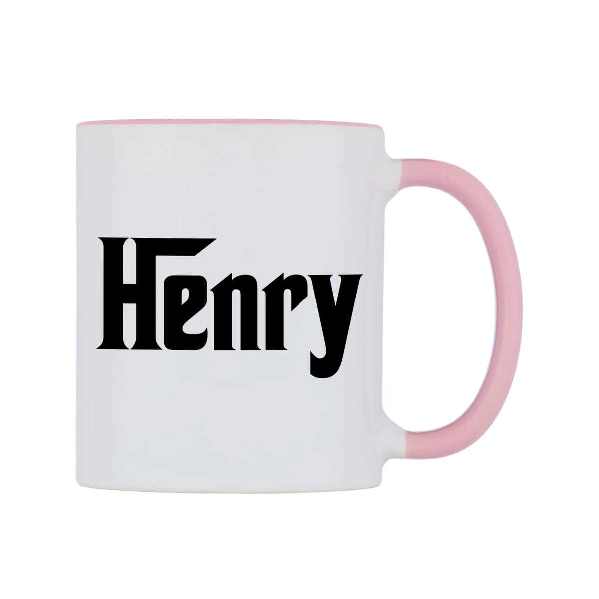 Henry - Godfather Themed Mug — white 11oz gloss mug with a pink inside and handle, left side, on a white background
