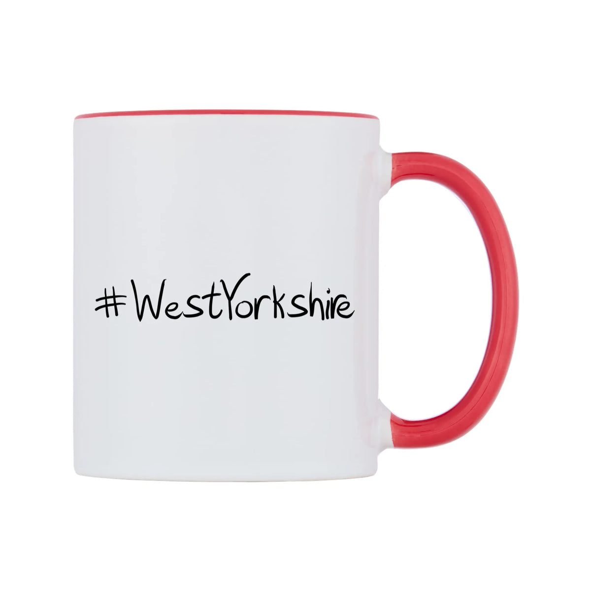 WestYorkshire Mug — white 11oz gloss mug with a red inside and handle, left side, on a white background