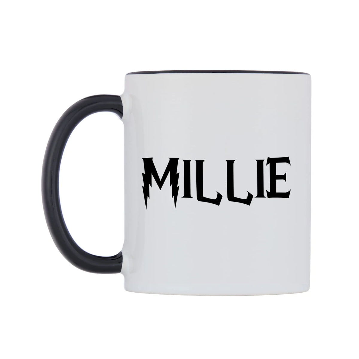 Millie - Wizard Themed Mug — white 11oz gloss mug with a black inside and handle, right side, on a white background