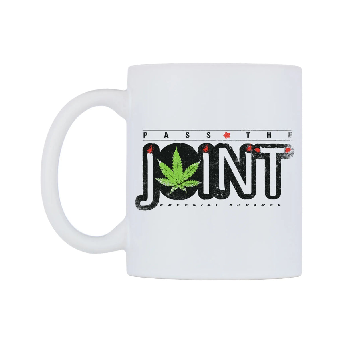 Pass The Joint Mug — white 11oz gloss mug, right side, on a white background
