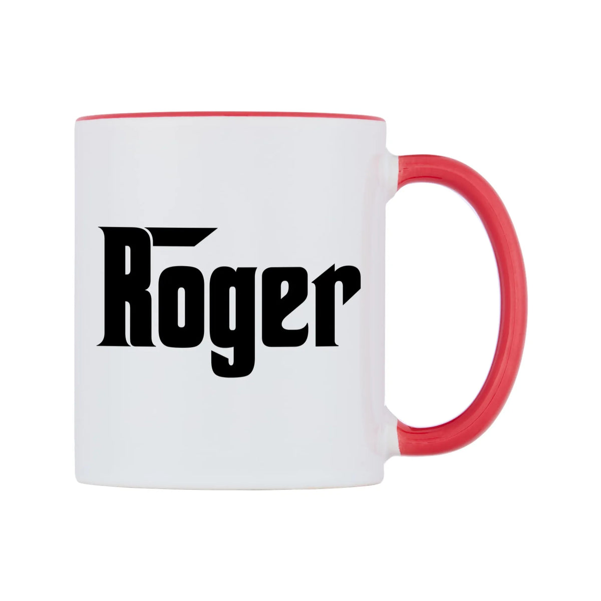 Roger - Godfather Themed Mug — white 11oz gloss mug with a red inside and handle, left side, on a white background