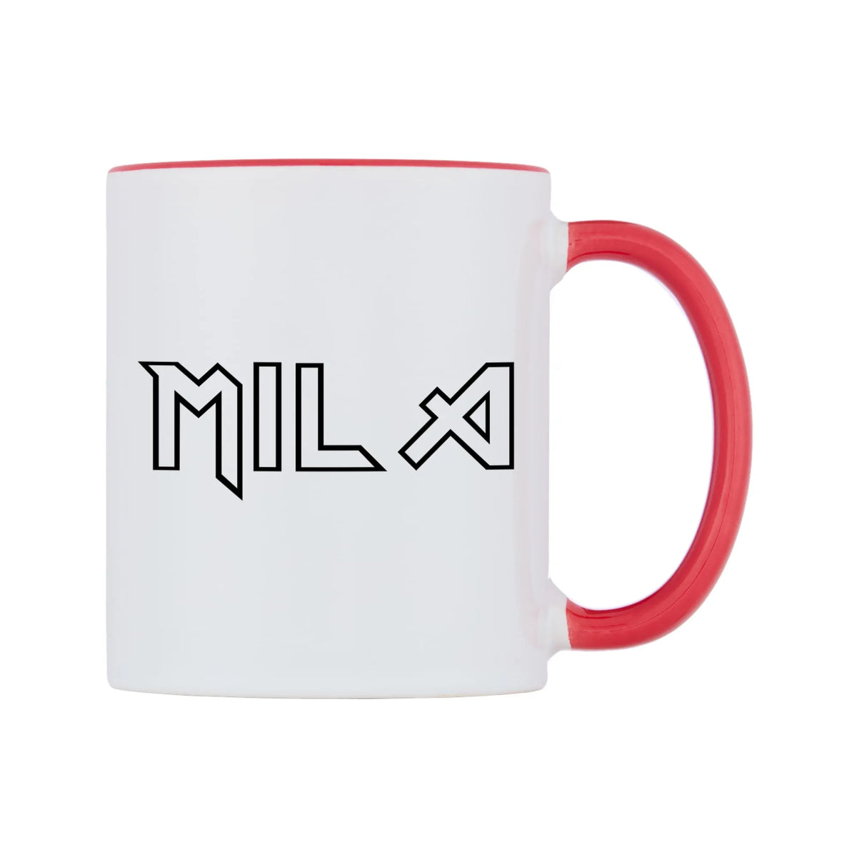 Mila - Iron Maiden Themed Mug — white 11oz gloss mug with a red inside and handle, left side, on a white background