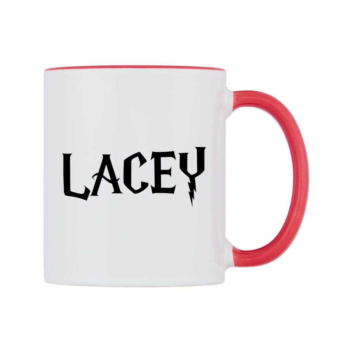 Lacey - Wizard Themed Mug — white 11oz gloss mug with a red inside and handle, left side, on a white background