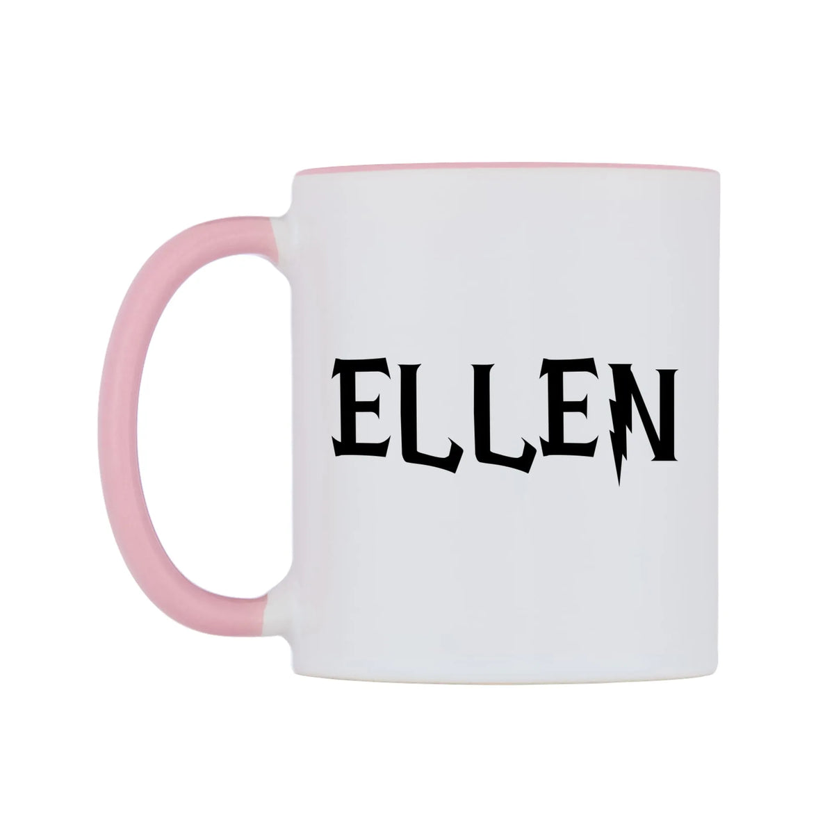 Ellen - Wizard Themed Mug — white 11oz gloss mug with a pink inside and handle, right side, on a white background