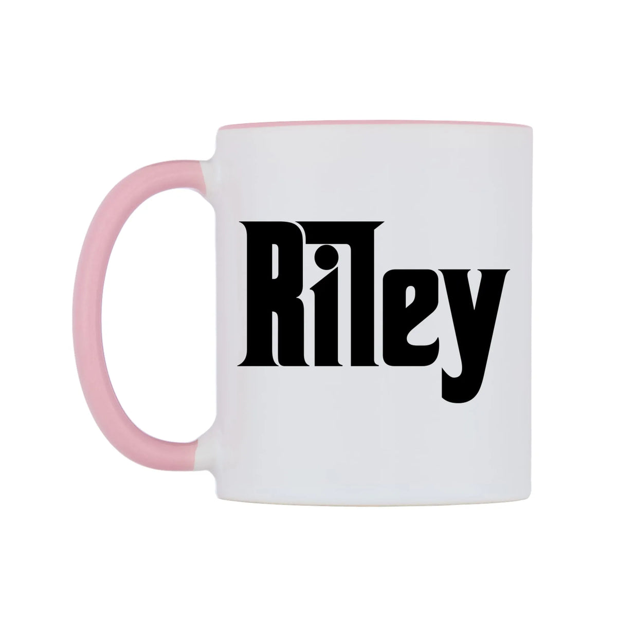Riley - Godfather Themed Mug — white 11oz gloss mug with a pink inside and handle, right side, on a white background