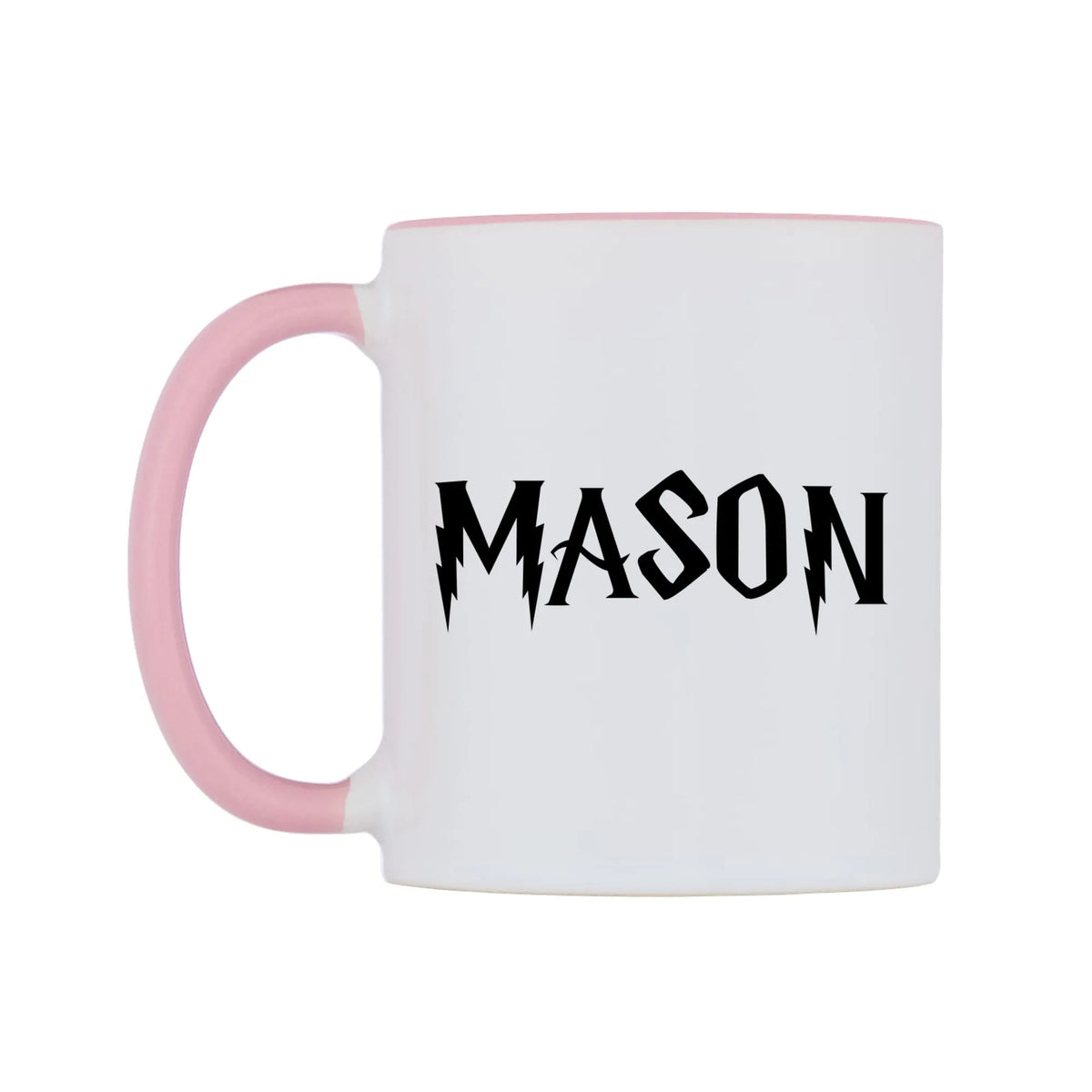 Mason - Wizard Themed Mug — white 11oz gloss mug with a pink inside and handle, right side, on a white background