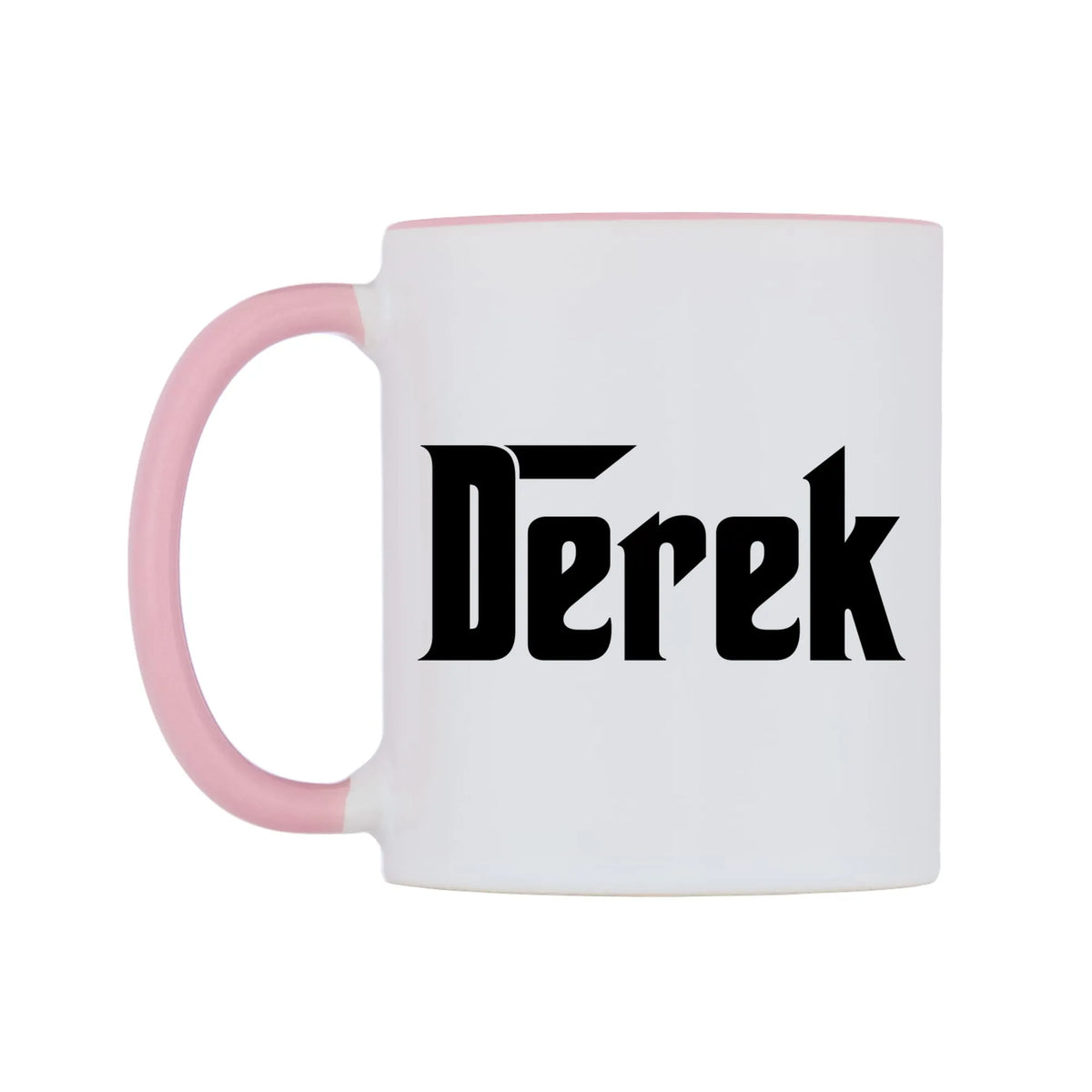 Derek - Godfather Themed Mug — white 11oz gloss mug with a pink inside and handle, right side, on a white background