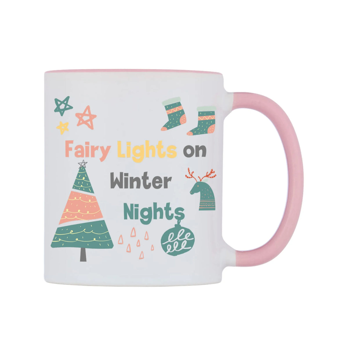 Fairy Lights on Winter Nights Mug — white 11oz gloss mug with a pink inside and handle, left side, on a white background