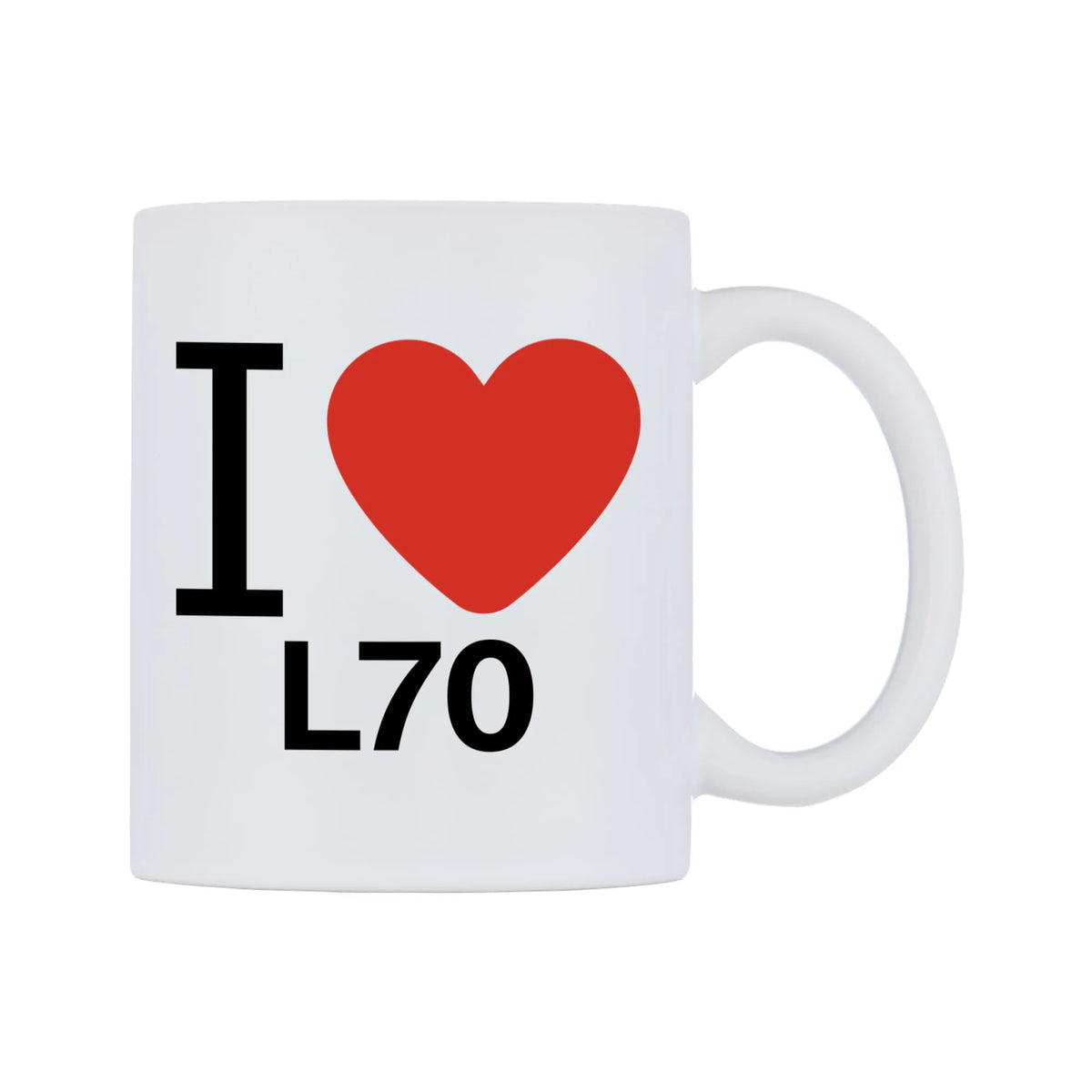 I Love L70 Mug — white 11oz gloss mug, left side, on a white background