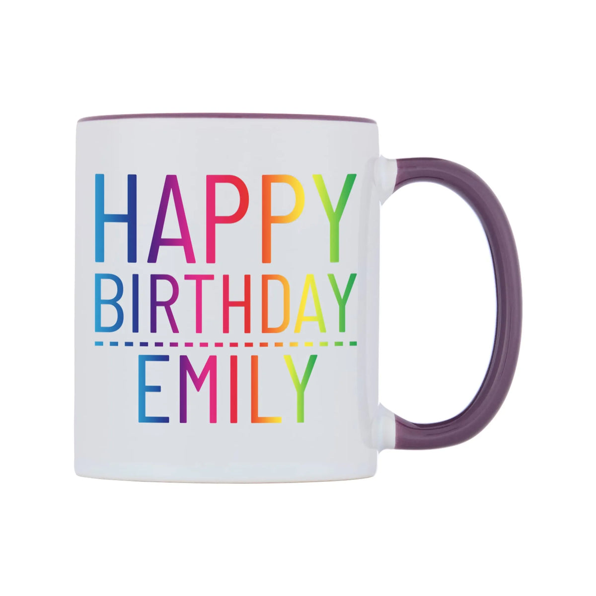 Personalised Happy Birthday (Rainbow) Mug — white 11oz gloss mug with a purple inside and handle, left side, on a white background