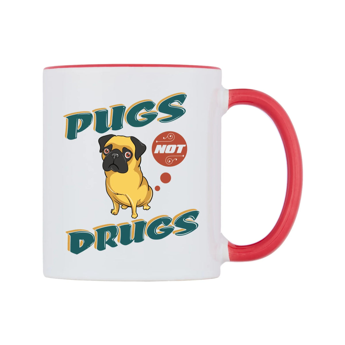 Pugs Not Drugs Mug — white 11oz gloss mug with a red inside and handle, left side, on a white background