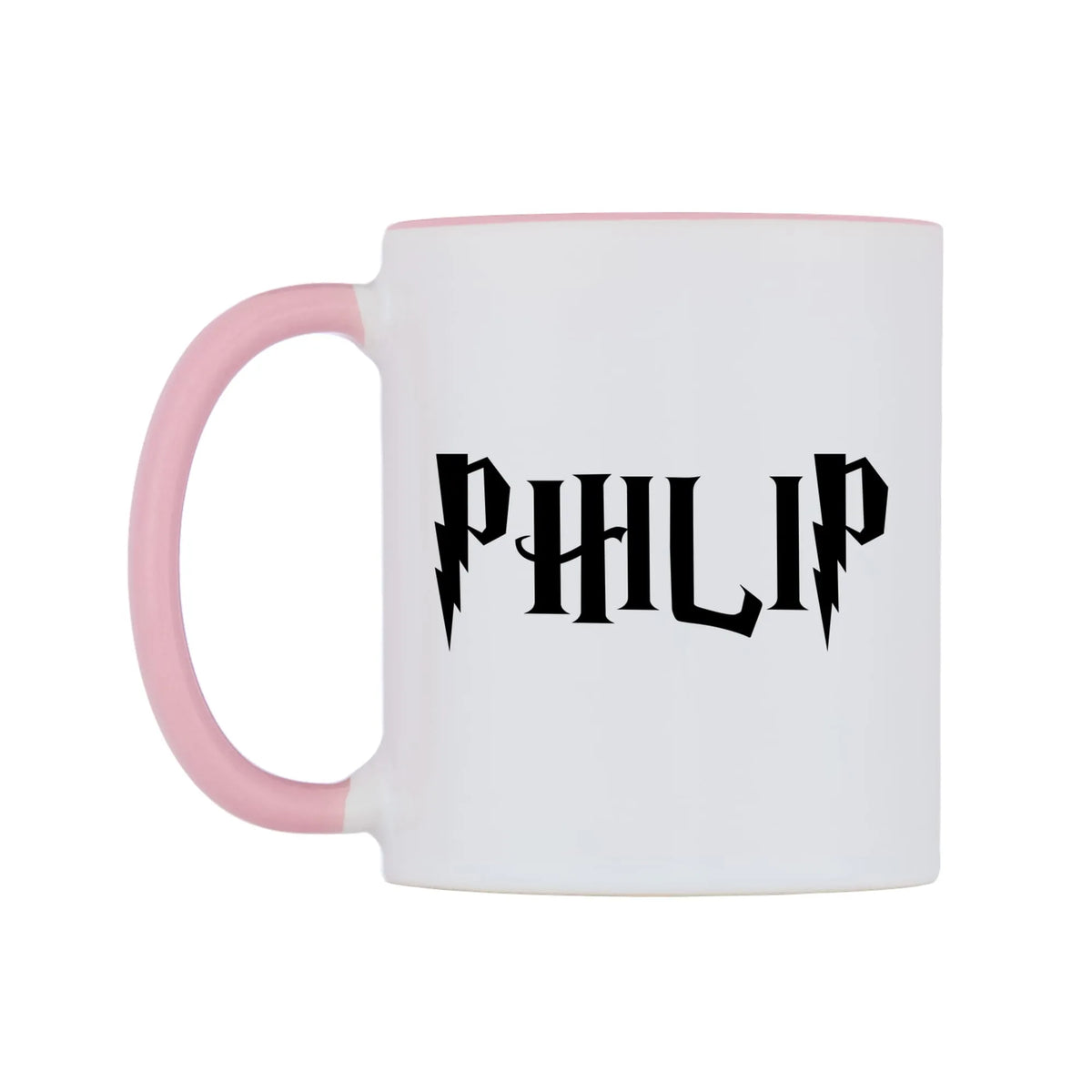 Philip - Wizard Themed Mug — white 11oz gloss mug with a pink inside and handle, right side, on a white background