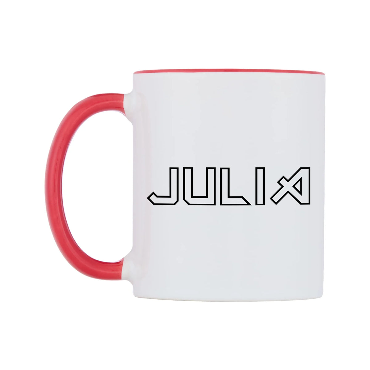 Julia - Iron Maiden Themed Mug — white 11oz gloss mug with a red inside and handle, right side, on a white background