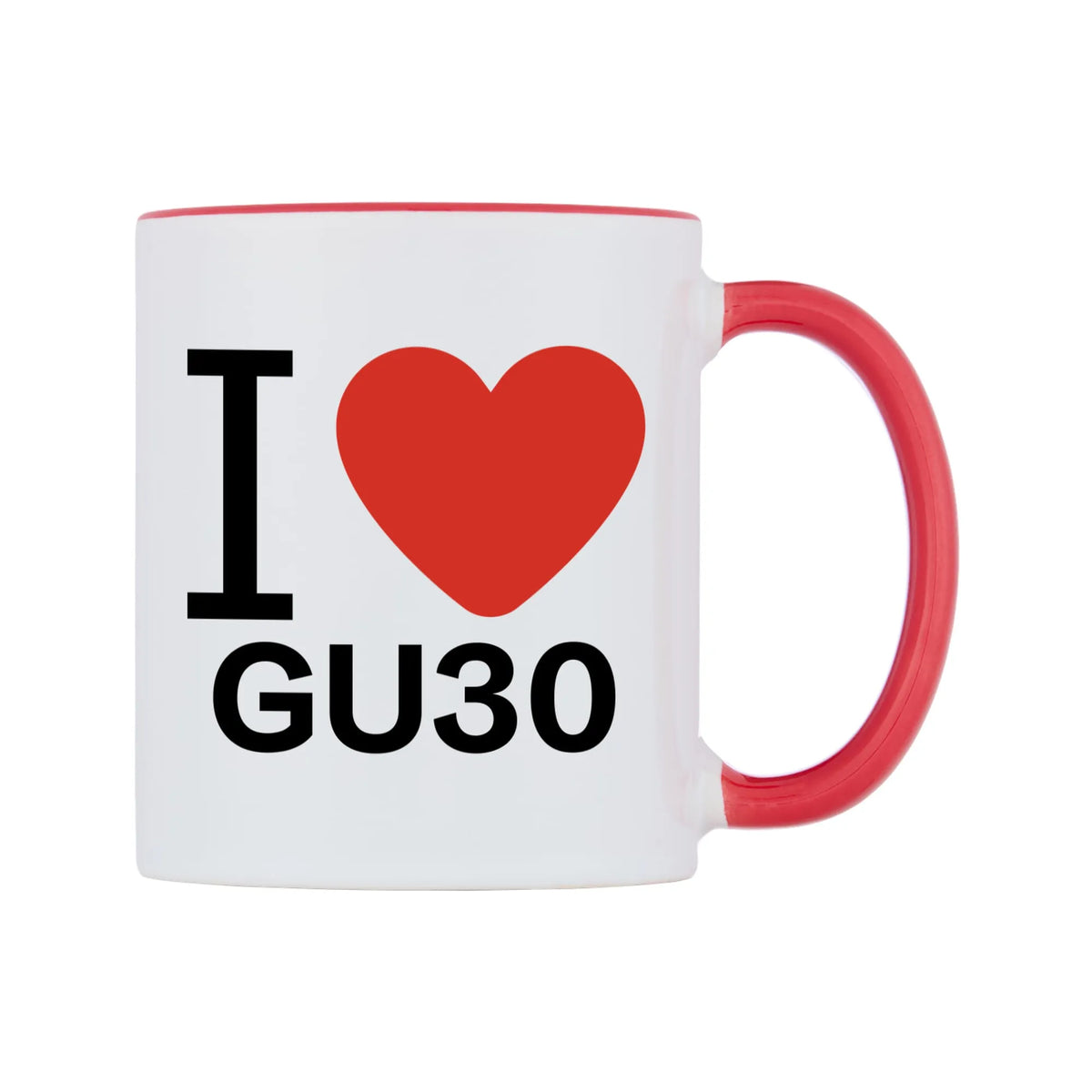 I Love GU30 Mug — white 11oz gloss mug with a red inside and handle, left side, on a white background