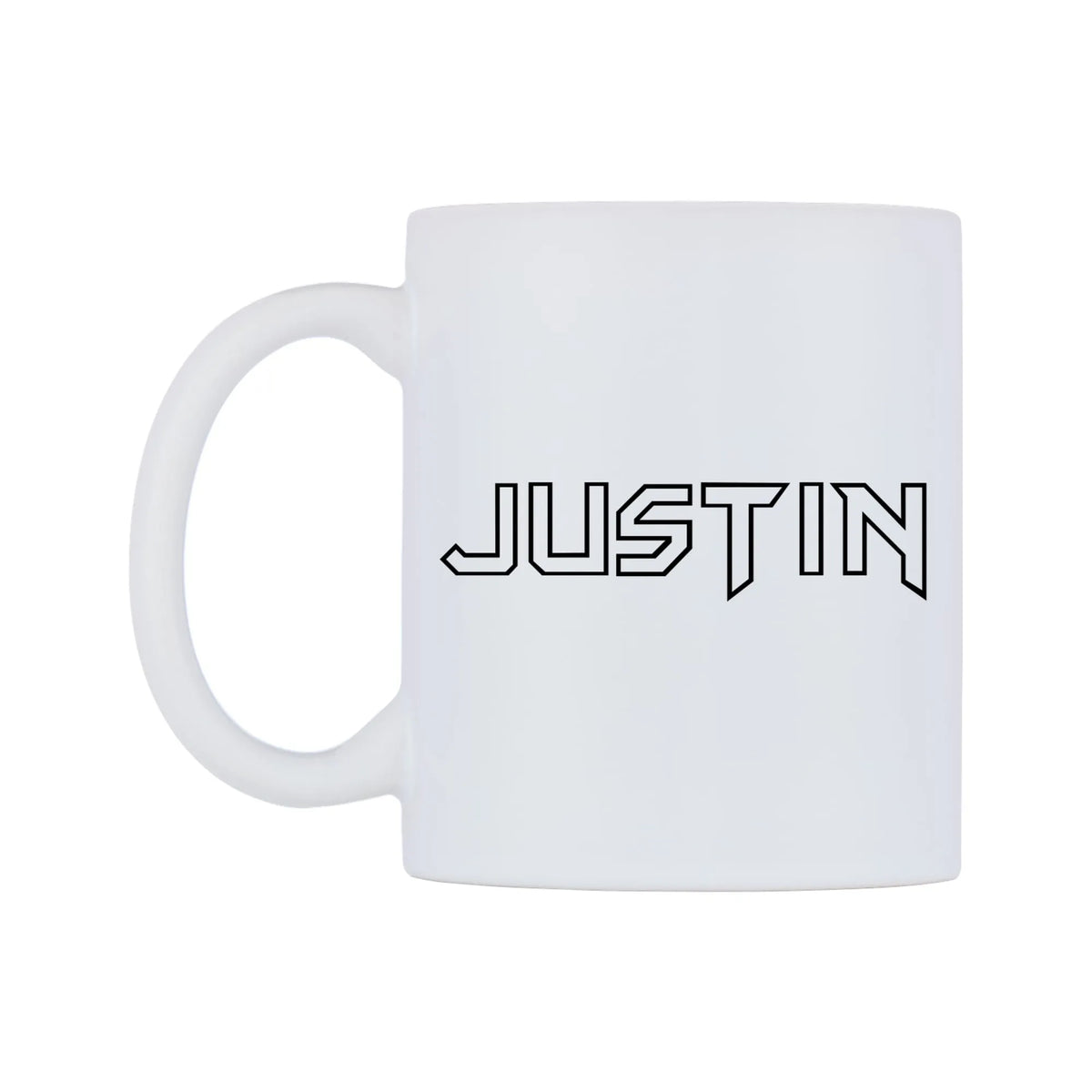 Justin - Iron Maiden Themed Mug — white 11oz gloss mug, right side, on a white background