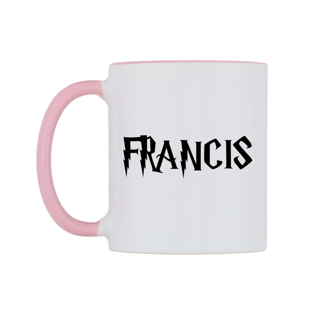 Francis - Wizard Themed Mug — white 11oz gloss mug with a pink inside and handle, right side, on a white background