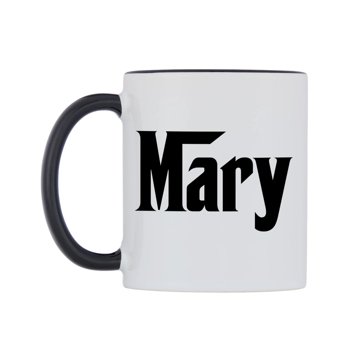 Mary - Godfather Themed Mug — white 11oz gloss mug with a black inside and handle, right side, on a white background