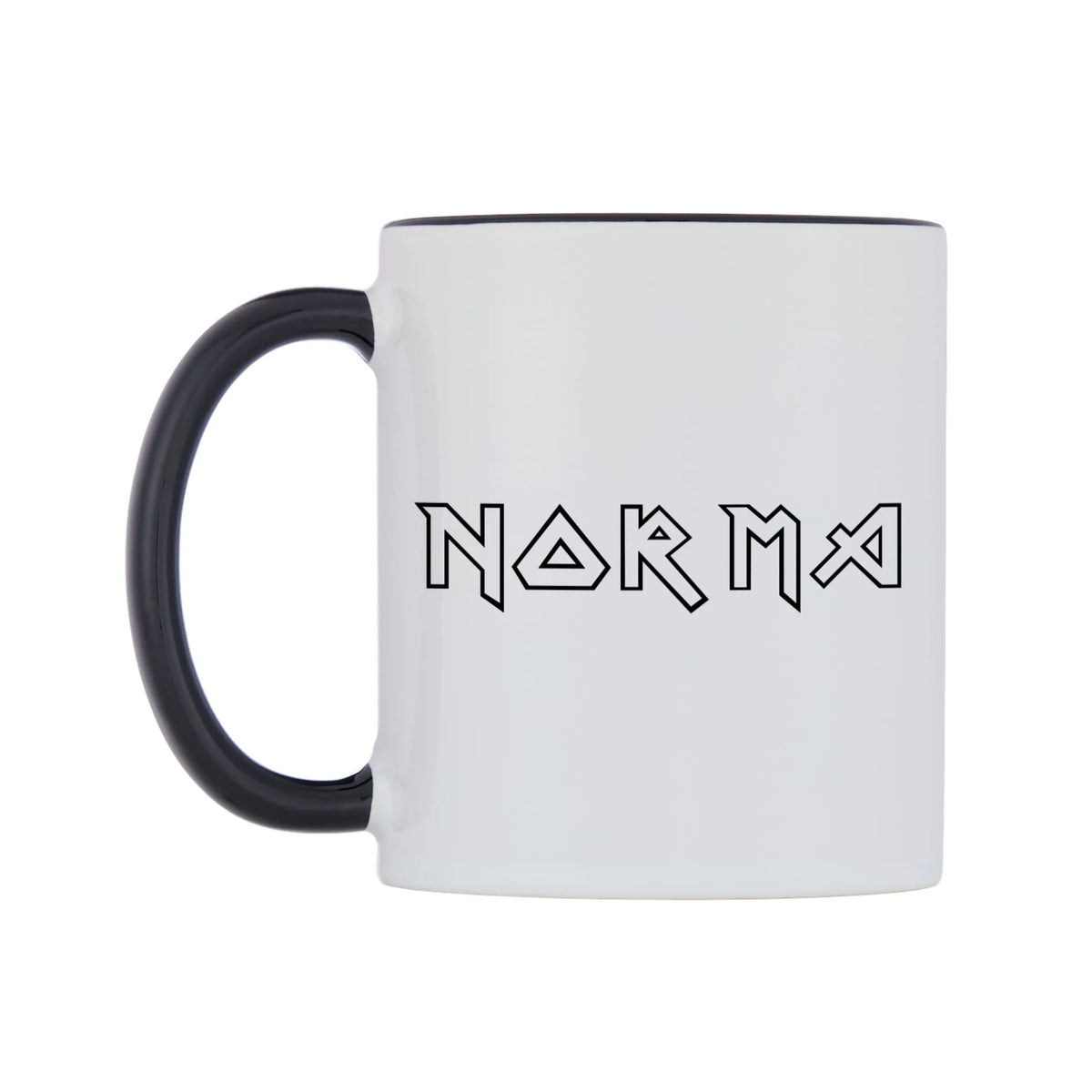 Norma - Iron Maiden Themed Mug — white 11oz gloss mug with a black inside and handle, right side, on a white background