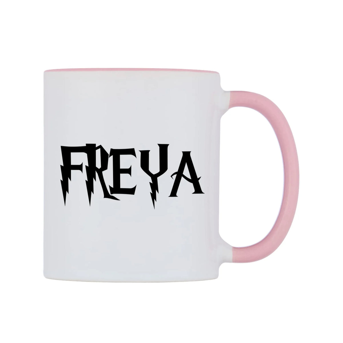 Freya - Wizard Themed Mug — white 11oz gloss mug with a pink inside and handle, left side, on a white background