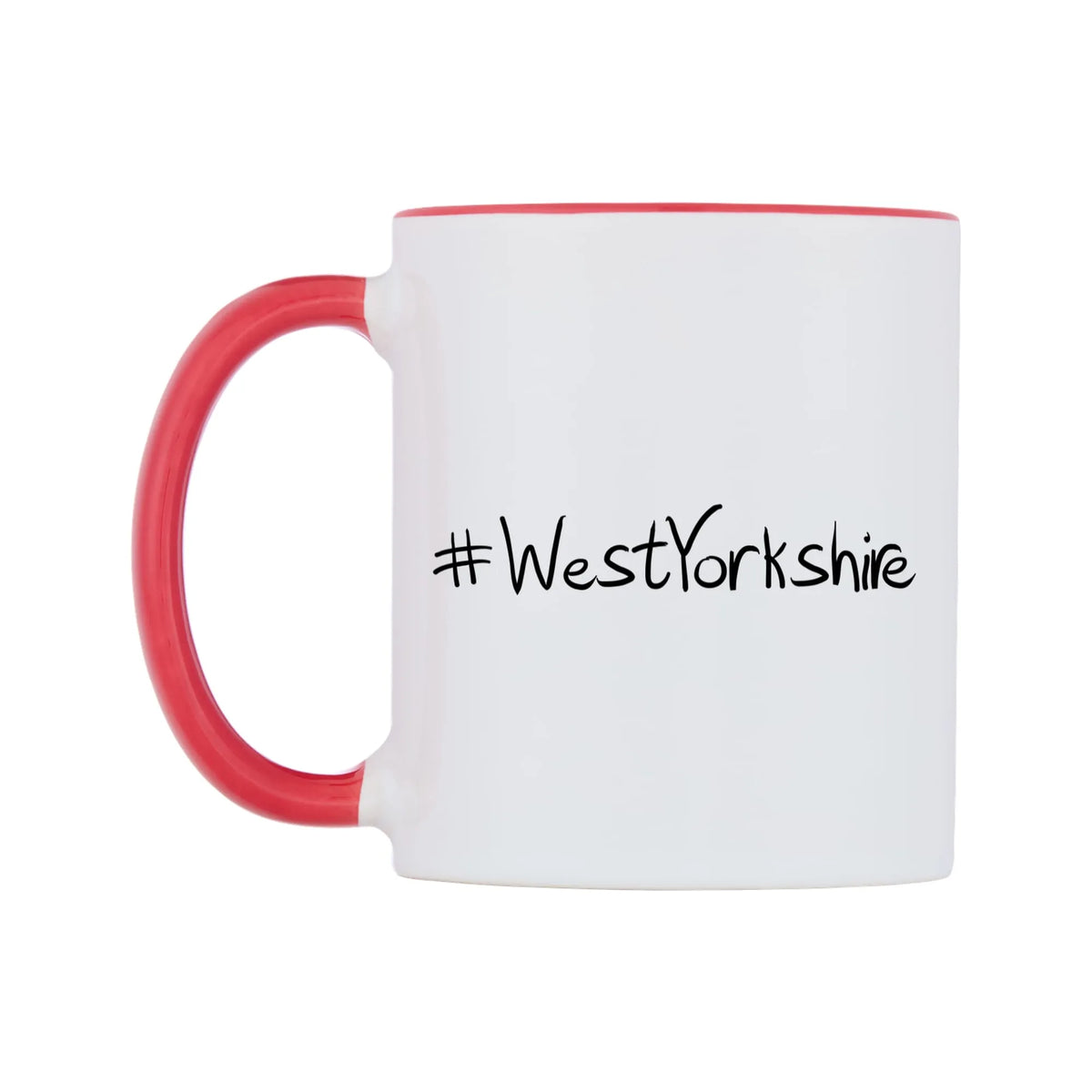 WestYorkshire Mug — white 11oz gloss mug with a red inside and handle, right side, on a white background