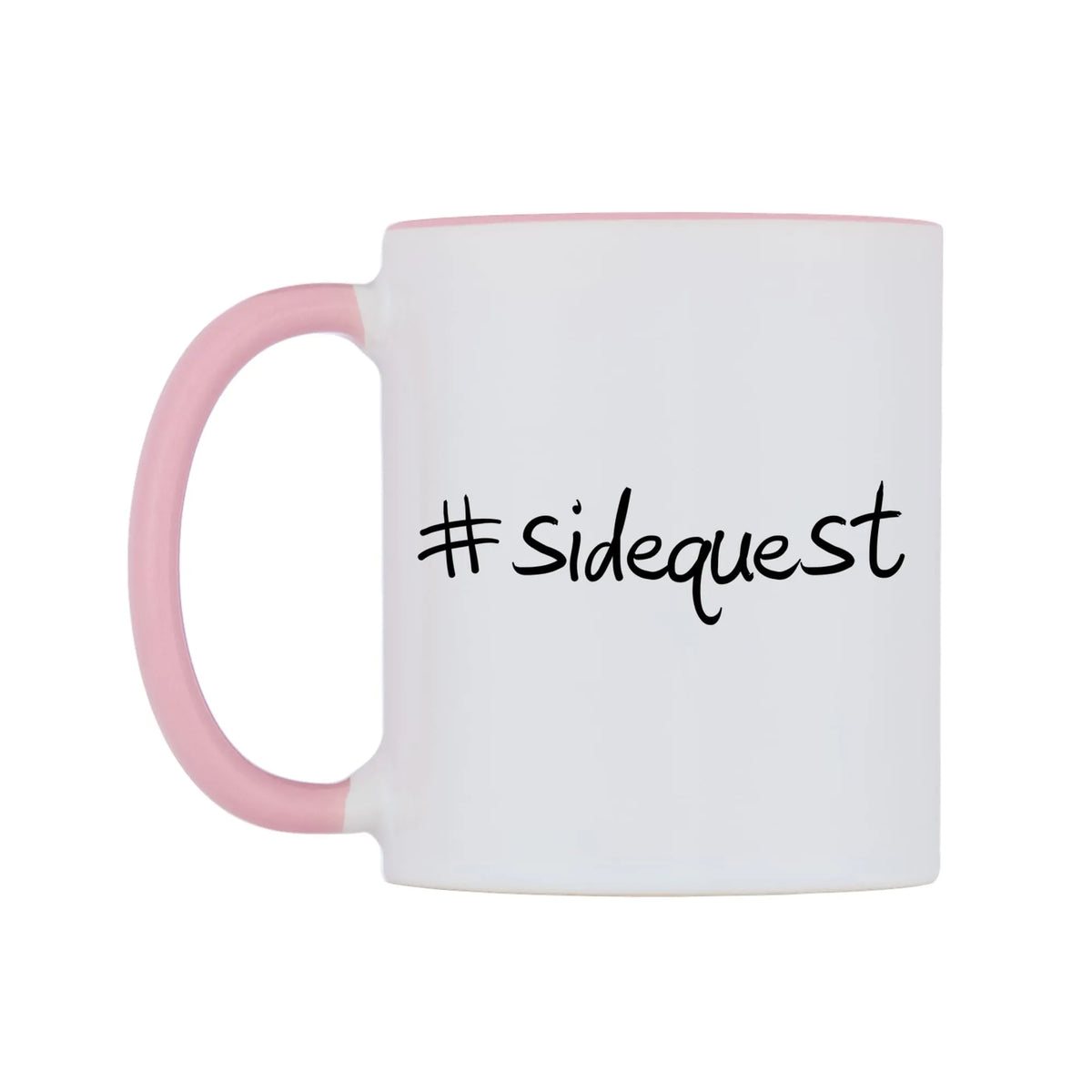 sidequest Mug — white 11oz gloss mug with a pink inside and handle, right side, on a white background
