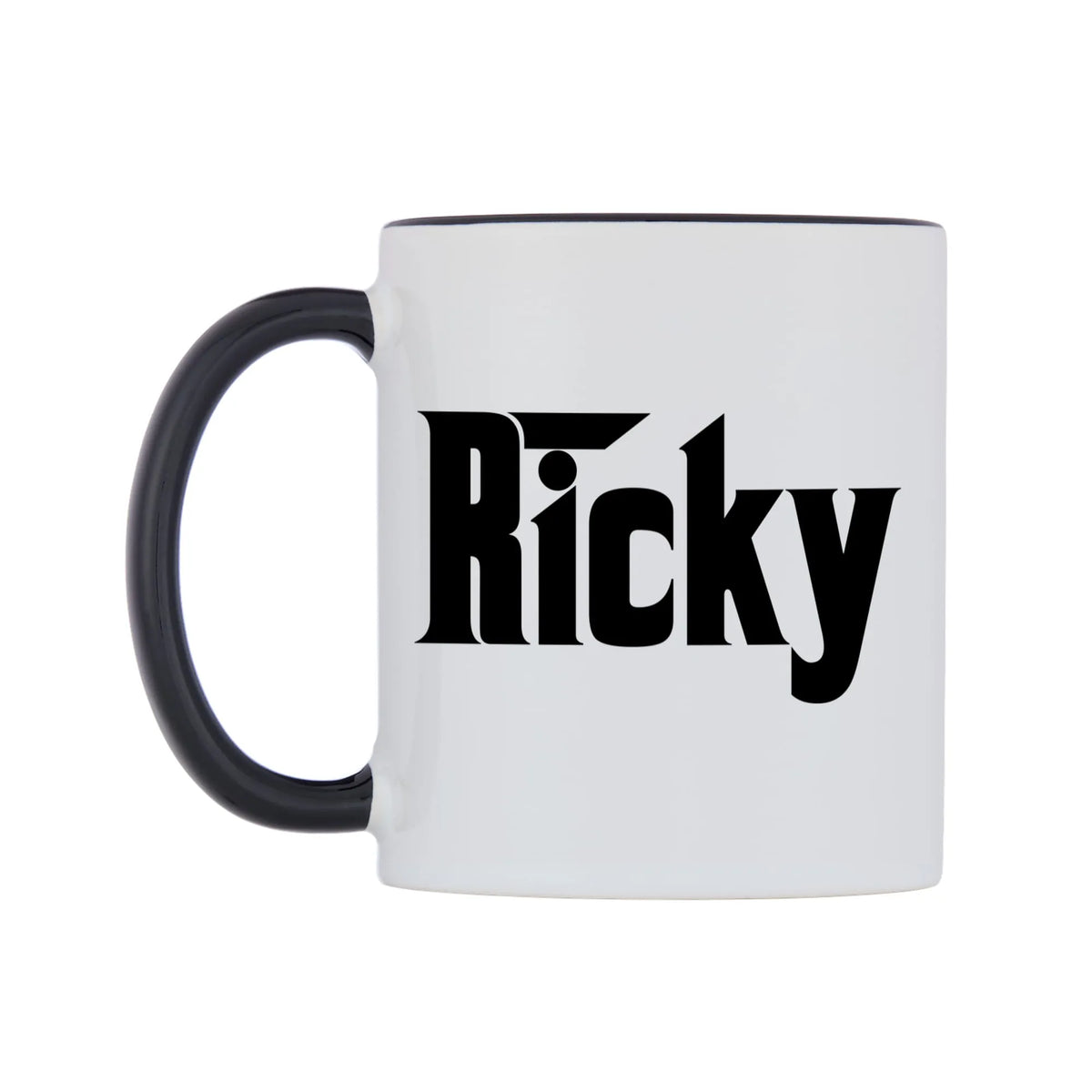 Ricky - Godfather Themed Mug — white 11oz gloss mug with a black inside and handle, right side, on a white background