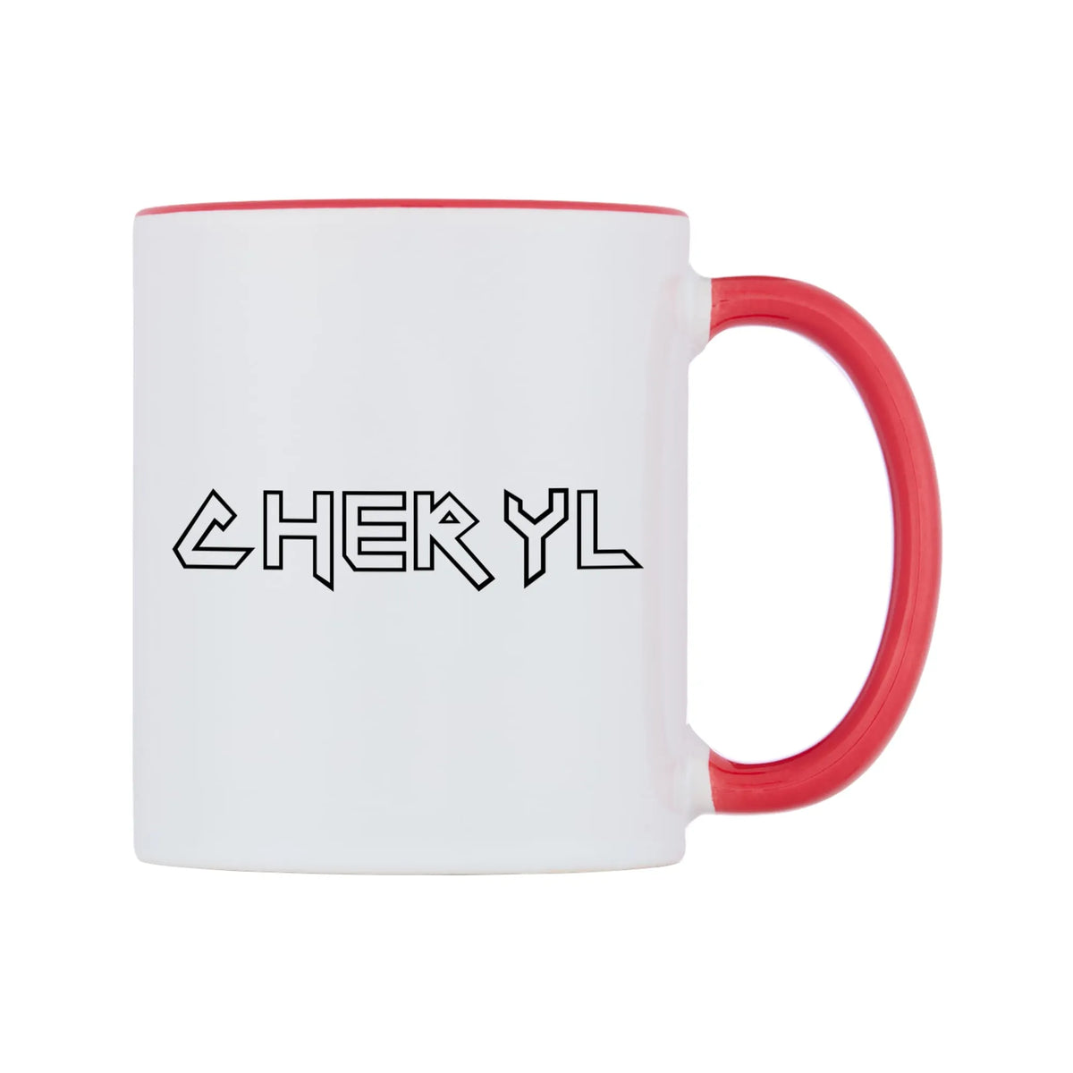 Cheryl - Iron Maiden Themed Mug — white 11oz gloss mug with a red inside and handle, left side, on a white background