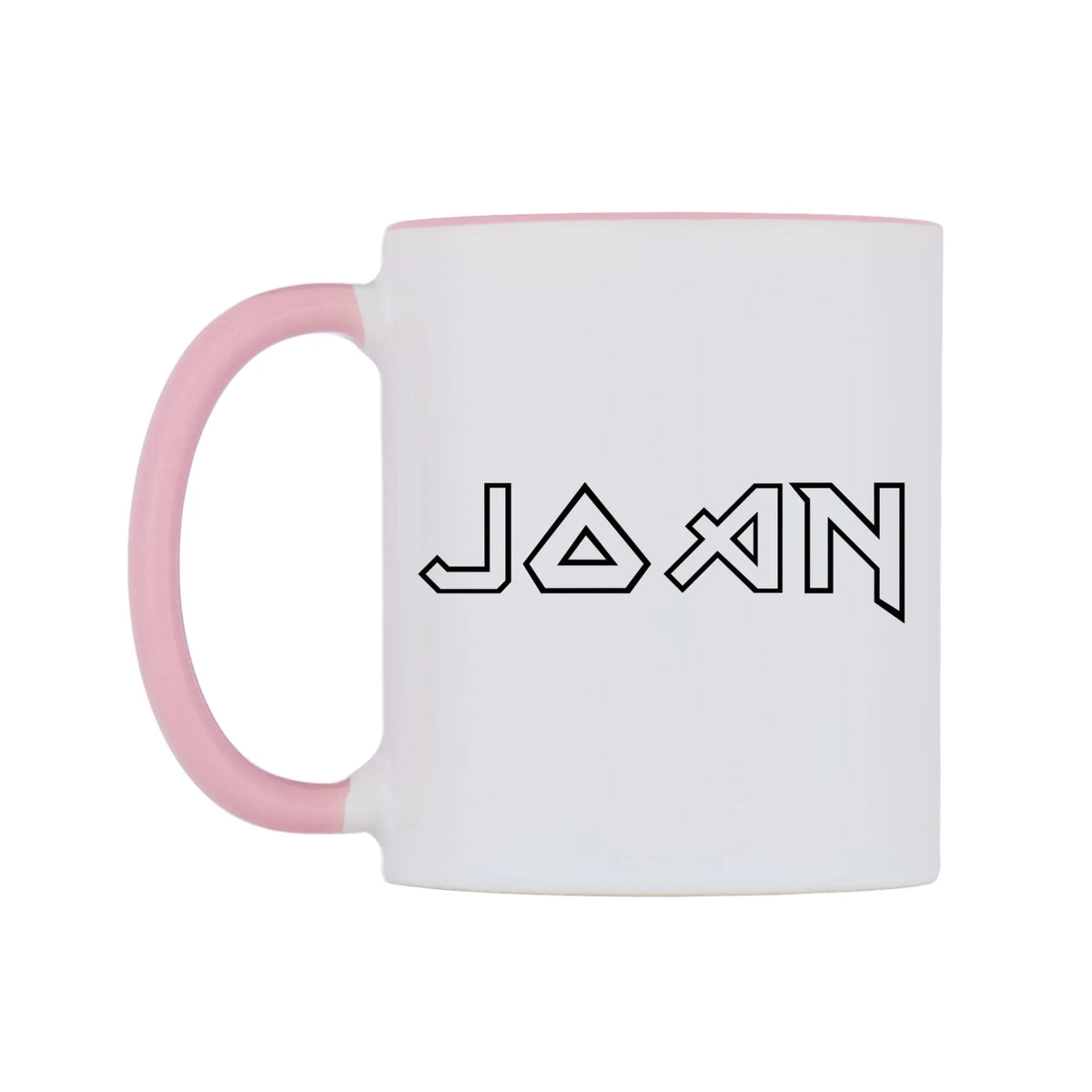 Joan - Iron Maiden Themed Mug — white 11oz gloss mug with a pink inside and handle, right side, on a white background