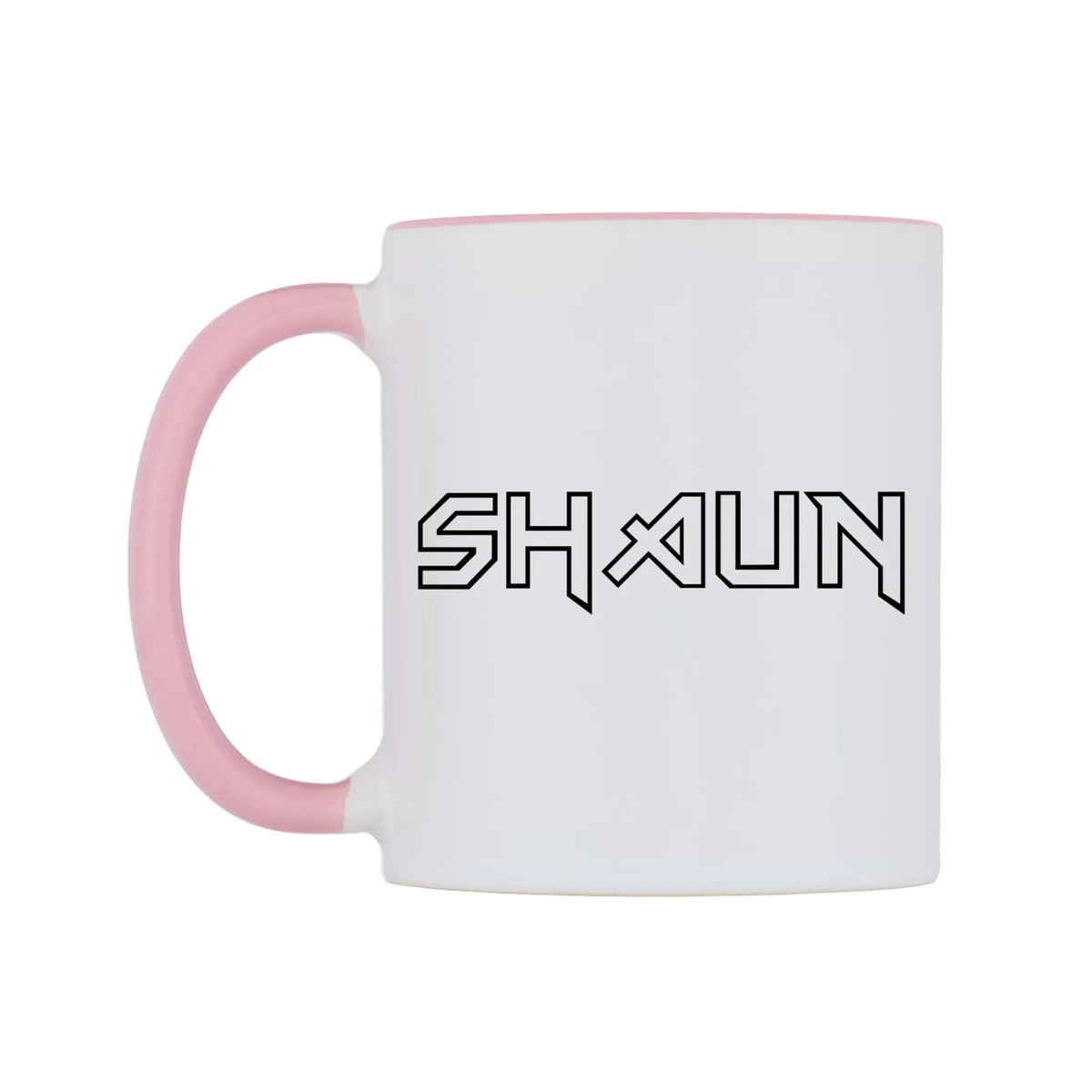 Shaun - Iron Maiden Themed Mug — white 11oz gloss mug with a pink inside and handle, right side, on a white background
