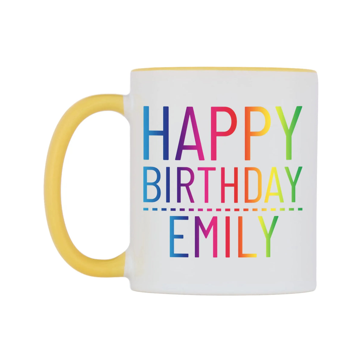 Personalised Happy Birthday (Rainbow) Mug — white 11oz gloss mug with a yellow inside and handle, right side, on a white background