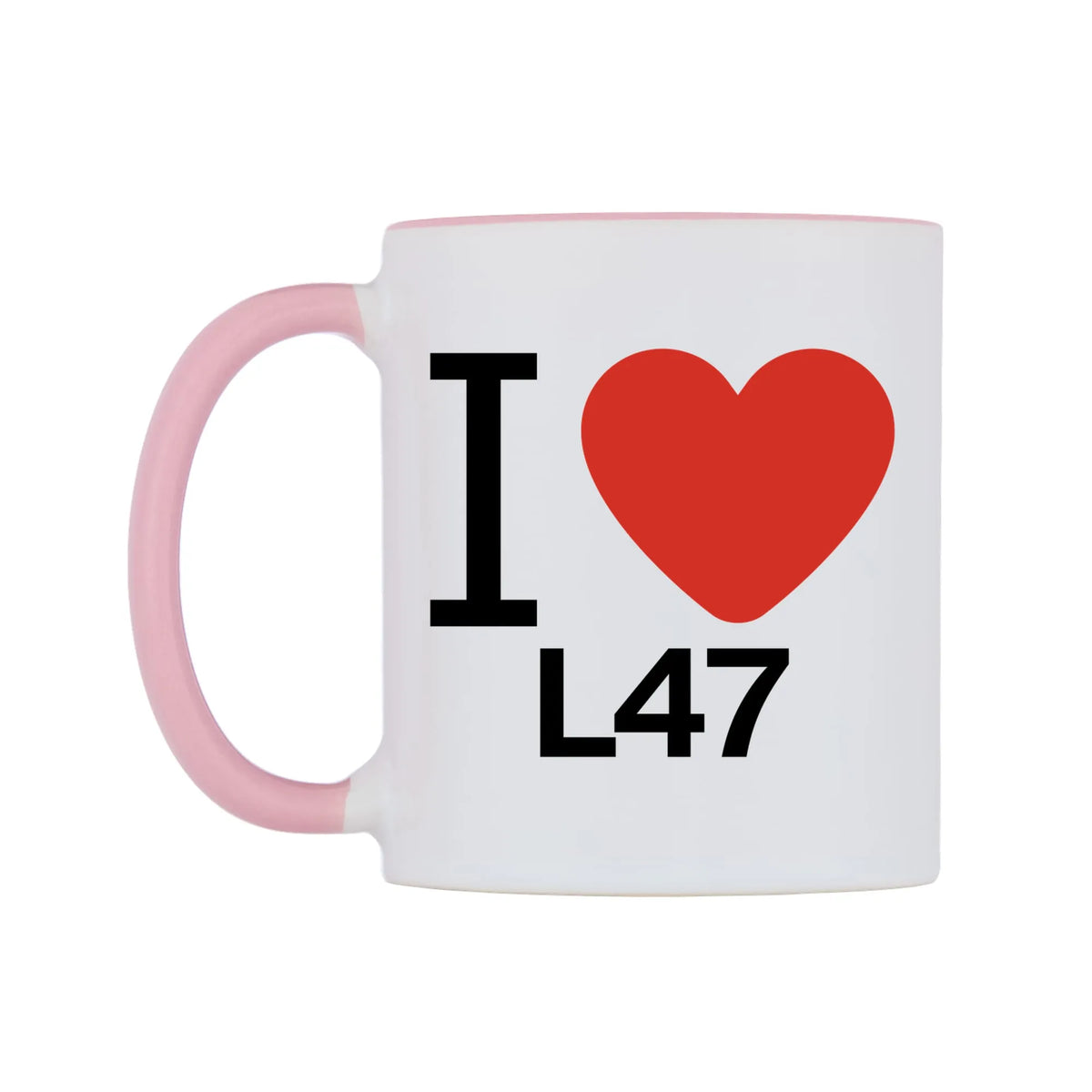 I Love L47 Mug — white 11oz gloss mug with a pink inside and handle, right side, on a white background