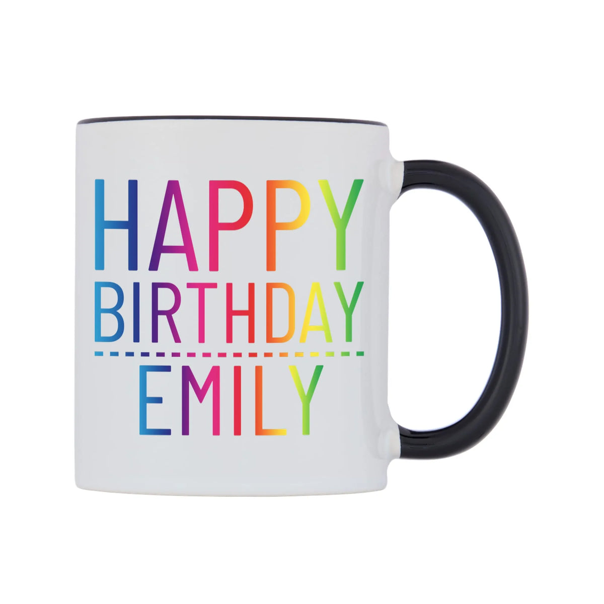 Personalised Happy Birthday (Rainbow) Mug — white 11oz gloss mug with a black inside and handle, left side, on a white background