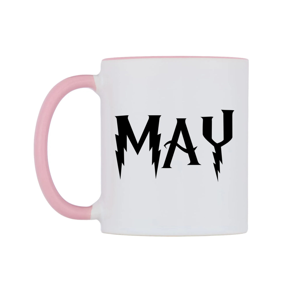 May - Wizard Themed Mug — white 11oz gloss mug with a pink inside and handle, right side, on a white background