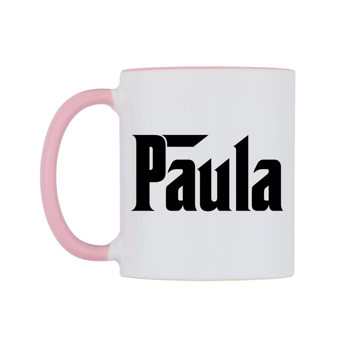 Paula - Godfather Themed Mug — white 11oz gloss mug with a pink inside and handle, right side, on a white background