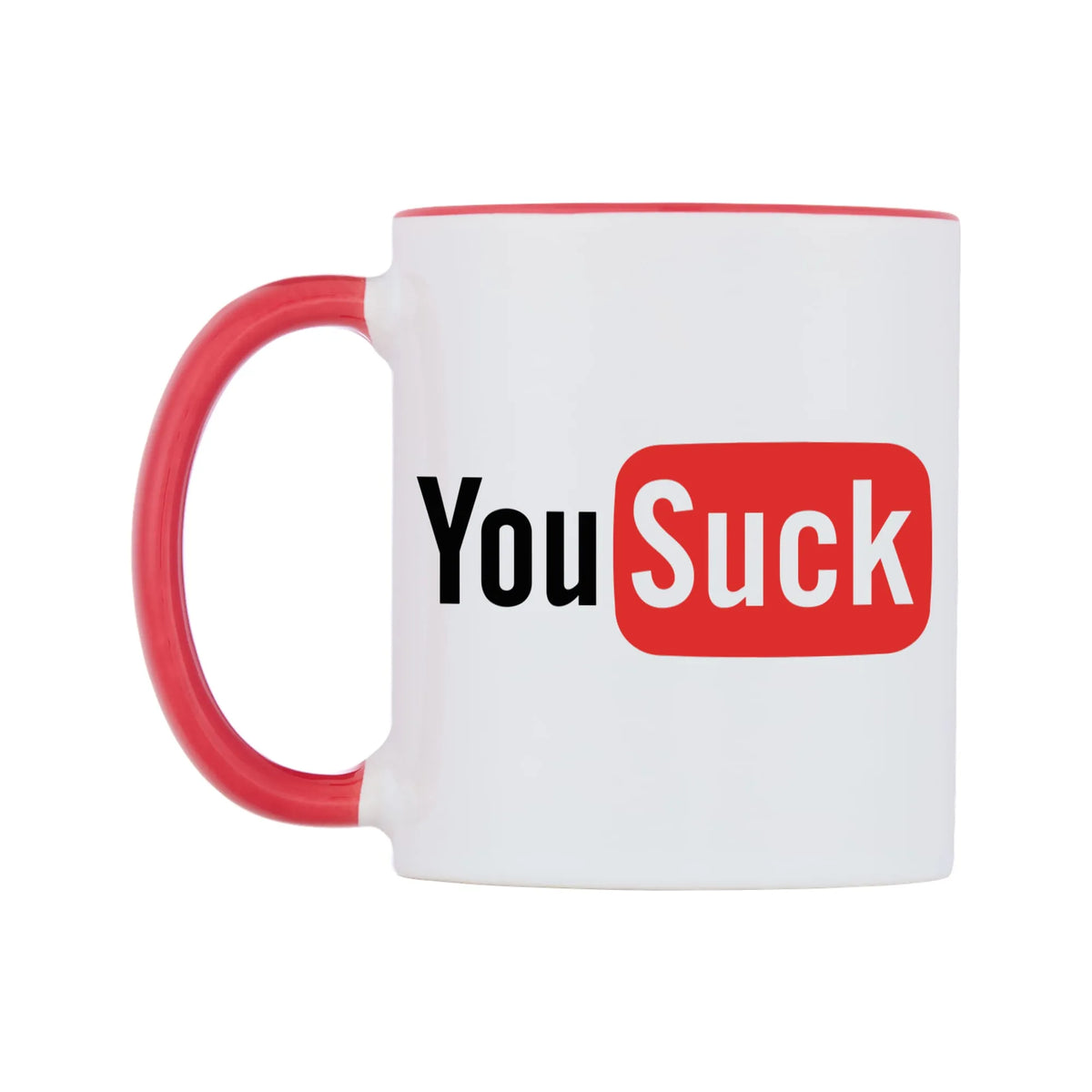 You Suck Mug — white 11oz gloss mug with a red inside and handle, right side, on a white background
