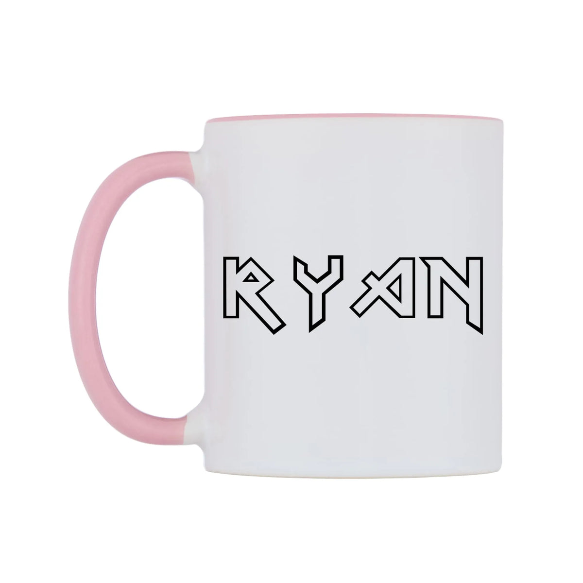 Ryan - Iron Maiden Themed Mug — white 11oz gloss mug with a pink inside and handle, right side, on a white background