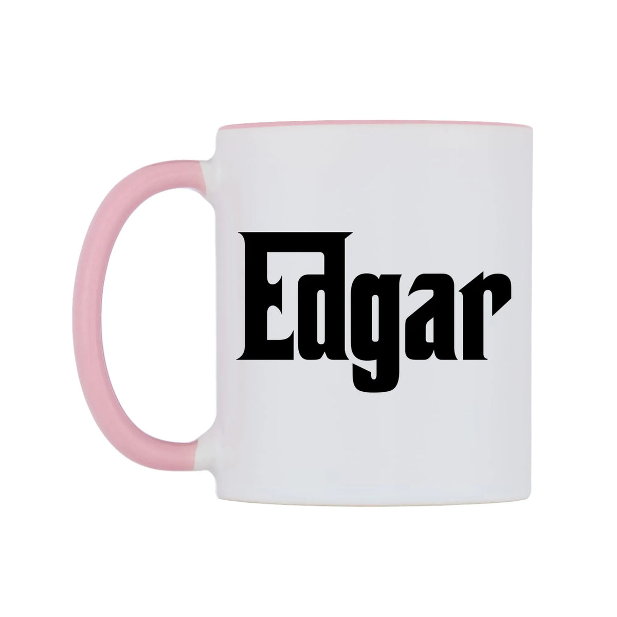 Edgar - Godfather Themed Mug — white 11oz gloss mug with a pink inside and handle, right side, on a white background