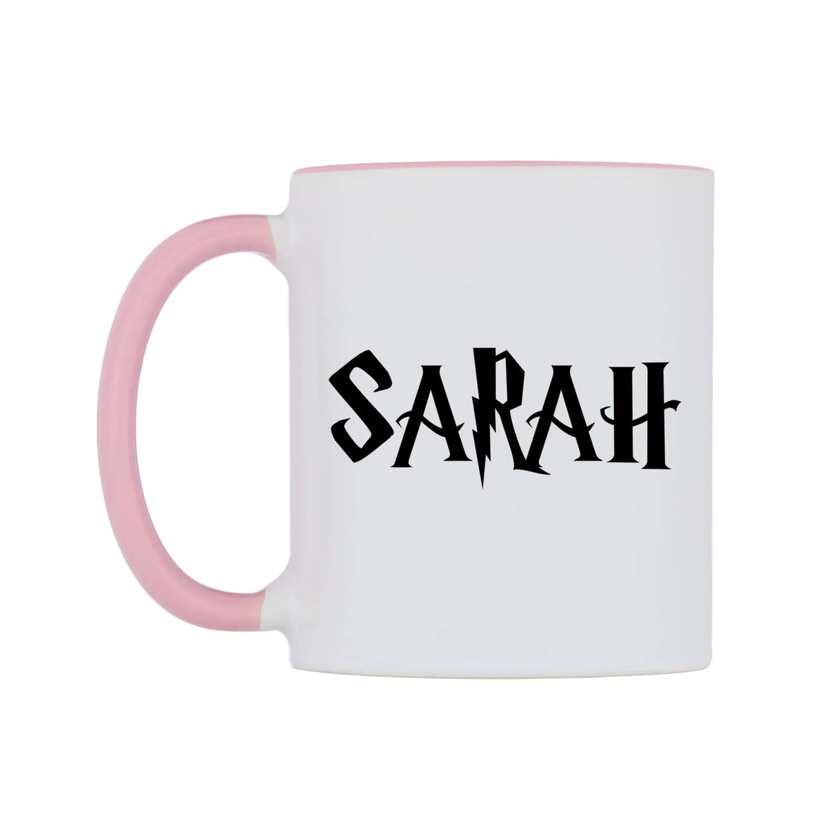 Sarah - Wizard Themed Mug — white 11oz gloss mug with a pink inside and handle, right side, on a white background