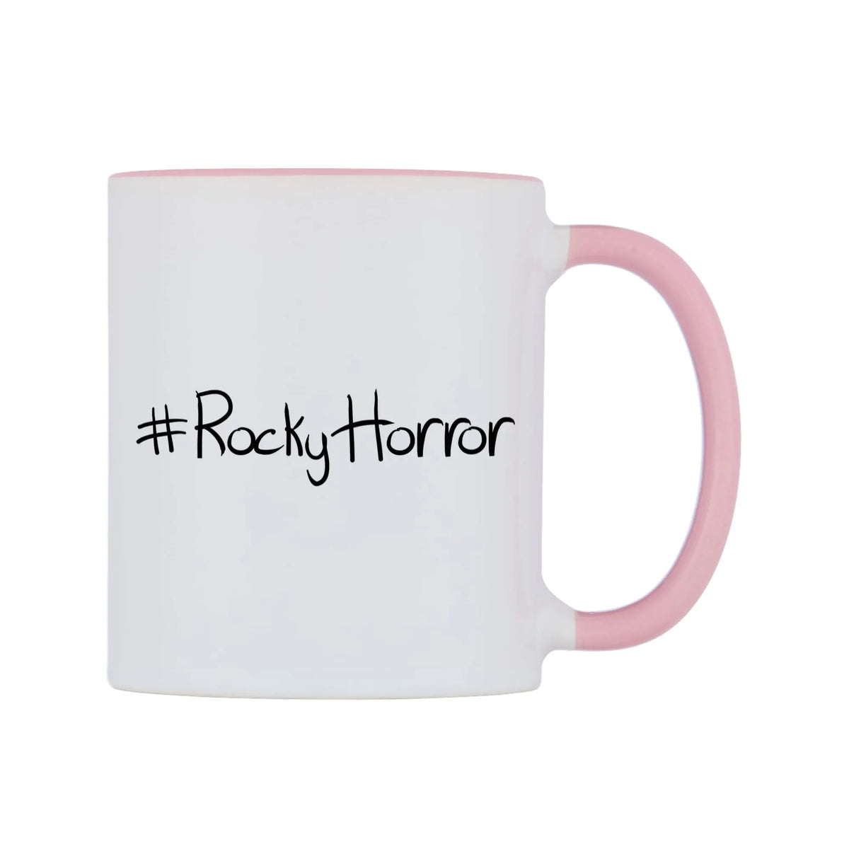 RockyHorror Mug — white 11oz gloss mug with a pink inside and handle, left side, on a white background